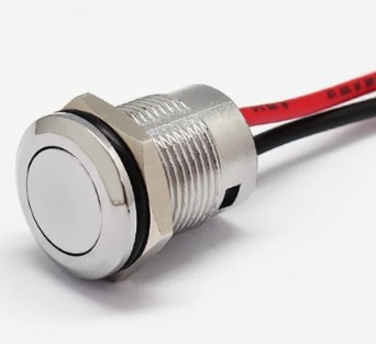 Антивандальная кнопка круглая для домофона, 2pin, OFF-(ON) без фиксации, 12-24V  5.0A, под гайку М12, с проводами, d:12мм, IP67 (FLM12-BW)