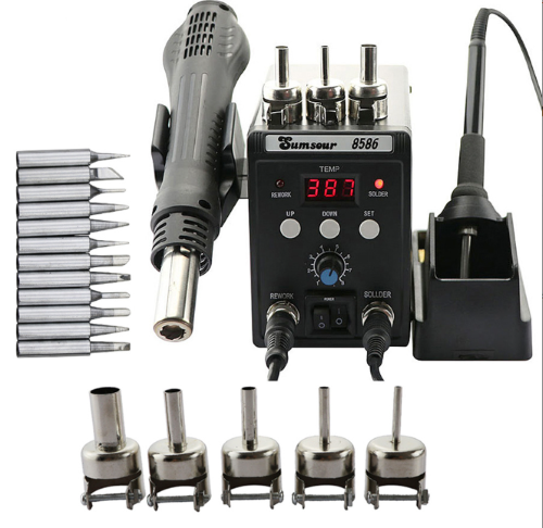 Паяльная станция SumSour-8586 (паяльник+фен. Набор- 20 предметов. 8шт насадок, 12шт сменных жал, подставка под паяльник, подвес для фена; губка. Паяльная станция SumSour-8586 (паяльник+фен. Набор- 20 предметов. 8шт насадок, 12шт сменных жал, подставка под паяльник, подвес для фена; губка.