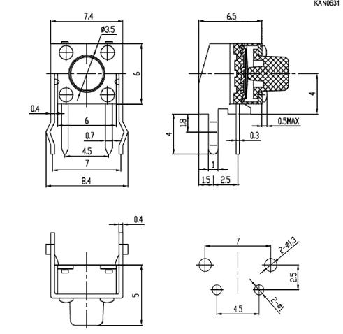 Микрокнопка тактовая, 2pin, 6x6x5,8мм, L=3мм, угловая (SWT-7, KAN0631-0501B/KLS7-TS6605/PTS645Vx58) фото 2