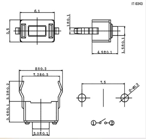Микрокнопка прямоугольная тактовая, 2pin, 6x3,6x4мм, L=1мм, DIP (IT-0343, SWT-1, KAN3511A-0431B) фото 2 Микрокнопка прямоугольная тактовая, 2pin, 6x3,6x4мм, L=1мм, DIP (IT-0343, SWT-1, KAN3511A-0431B) фото 2