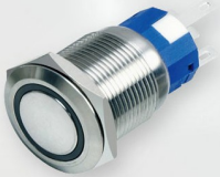 Антивандальная кнопка круглая, 5pin, OFF-ON с фиксацией, AC 220/250V 5.0A, под гайку М19, под пайку, подсв.:синий, d:19мм Фланец: 22мм (SC-984)