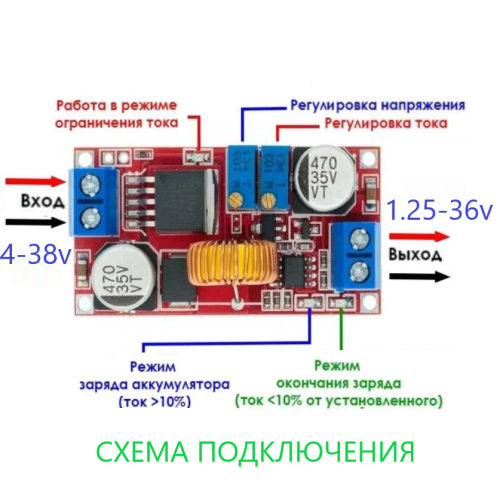 Понижающий DC-DC 4,0...38V >> 1,25...36V (регулир. тока и напряжения) ; max 5A (свыше 2A+ радиатор) ; вых: 20W на XL4015E1 (Цвет платы Красный фото 4