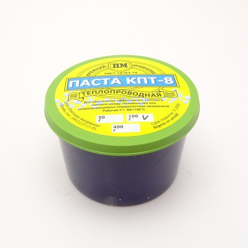 ПАСТА ТЕПЛОПРОВОДНАЯ КПТ-8 100гр (Банка)  Кремнийорганическая (термопаста); теплопроводность не менее 0,65Вт(м*град) при 100°C. Рабоч.t: -60+180°C  Дл