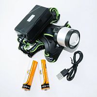 Фонарь головной св/диодный YYC-8111-PM10-TG; мощный светодиод TG, 1 режим свечения, ZOOM-фокусировка луча,Пит: 2*Li-ion 18650/3.7V (в компл), заряд от