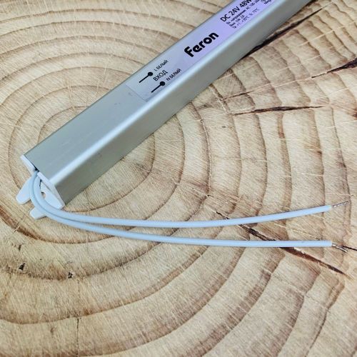 Блок питания для св/д техники, 24V, 2A, 48W, с проводами, мебельный (длинный), 283x18x18мм, IP22, вх: AC 220-250V, вх. разъем: два провода, металл FER фото 5
