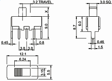 Переключатель движковый (ползунковый), 3pin, 2 полож., ON-ON с фиксацией, 50V 0.5A, под пайку, 12x5,5x5,5мм, L=2мм, DIP, корпус: стальной (SS-12F44-G2