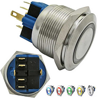 Антивандальная кнопка, 6pin, ON-(OFF)+OFF-(ON) без фиксации, 12V, под гайку М25, подсв.:синий (GQ25-11E/B)