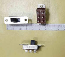 Переключатель движковый (ползунковый), 6pin, групп: 2, 3 полож., 2xON-OFF-ON с фиксацией, AC 220/250V 3.0A 750W, под пайку, 22x13x7,8мм, L=8мм, DIP, Ф