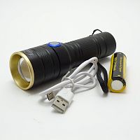 Фонарь св/диодный (зарядка от USB)"YY - 716 T6 NEW micro" 12800W на CREE диоде(5W) ZOOM; 3 режима работы:(100%/50%/стробоскоп); Питание: 1 АКБ. 18650 