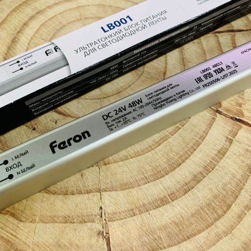 Блок питания для св/д техники, 24V, 2A, 48W, с проводами, мебельный (длинный), 283x18x18мм, IP22, вх: AC 220-250V, вх. разъем: два провода, металл FER фото 2