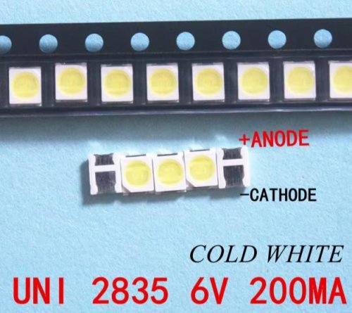 СВЕТОДИОД SMD 2835 1W , 6,0-6,2V (2,8x3,5x0.7mm) (большой контакт "-" (катод)) 6,0-6,2V, 117-120лм (GT-BL2835-6V1W-A05) (Для ремонта подсветки ЖК/LED 