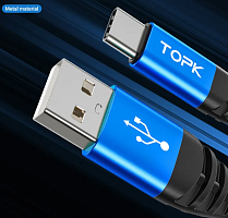 КАБЕЛЬ USB-AM / USB x Type-C (штекер) 1.0М TOPK AN24 3A провод в нейлоновой оплетке, круглый d=3мм; цв: синий; (быстрая зарядка)