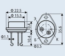 Транзистор П701А 10W; Ucb: 60V; Uce: -; Ueb: 2V; Ic: 500mA; Tj: 150°C; Ft: 12MHz; Cc: -; Hfe: 15/60 N-P-N
