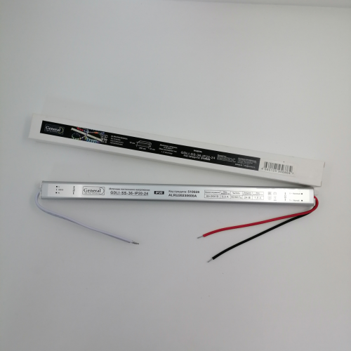 Блок питания для св/д техники, 24V, 1.5A, 36W, с проводами, мебельный (длинный), 270x18x18мм, IP22, вх: AC 110-240V, металл GENERAL GDLI-SS-36 510028