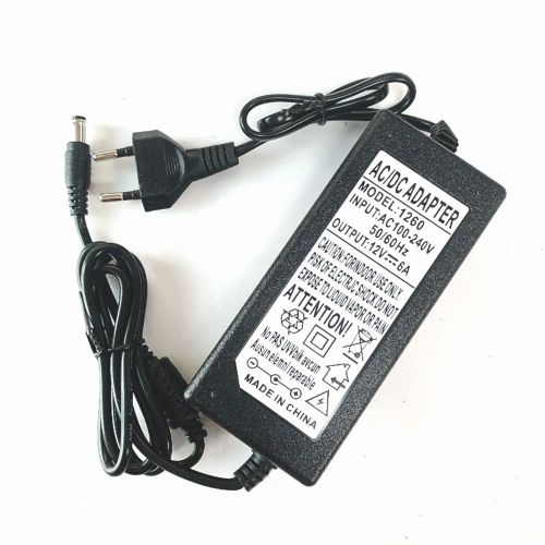 Блок питания импульсный, 12V,  6.0A, 72W, штекер: 5,5 х 2,5мм, вх: AC 220-250V, вх. разъем: евровилка, Встроенный сетевой шнур 1260
