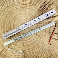 Блок питания для св/д техники, 24V, 2A, 48W, с проводами, мебельный (длинный), 283x18x18мм, IP22, вх: AC 220-250V, вх. разъем: два провода, металл FER