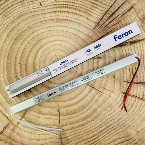 Блок питания для св/д техники, 24V, 2A, 48W, с проводами, мебельный (длинный), 283x18x18мм, IP22, вх: AC 220-250V, вх. разъем: два провода, металл FER