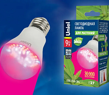 Лампа св/д  E27  9W (60LED SMD) ФИТО Спектр: красный + синий (60св); 9мкмоль/с Материал PC (108х60мм) Вх: AC220V LED Uniel LED-A60-9W/SP/E27/CL Для фо