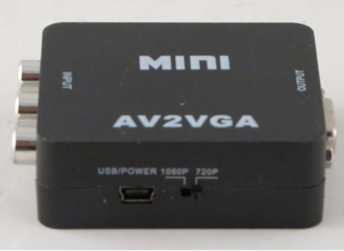 КОНВЕРТЕР AV в SVGA (AV2VGA) Mini 1RCA -(видео) +2 RCA L/R (звук); Out: SVGA); 720p/1080p; +кабель питания USB-AM/miniUSB (в комплекте)   (ПИТАНИЕ ОТ 