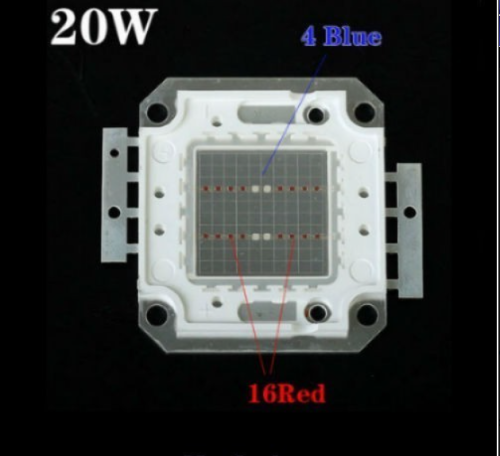 МАТРИЦА СВ/ДИОДНАЯ КВАДРАТНАЯ 20W 20-32V 700mA 420Lm; 450/660nm; Угол: 140*ФИТО БИКОЛОР(16 красных + 4 синих)  экран: 25х25мм; габариты: 42х52х4мм (на