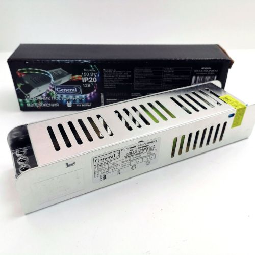 Блок питания для св/д техники, 12V, 12.5A, 150W, разъем под болт, Strait (узкий), 189x45x38мм, IP20, вх: AC 110/220V, вх. разъем: разъем под болт, мет