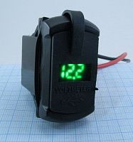 АДАПТЕР USB х 2 ( 2A max ) с ВОЛЬТМЕТРОМ (зелёный) для зарядки в Авто;монтаж в панель, прямоугольный, врезной, ВШГ- 35х 20 х30 мм, с защёлками Uпит:12