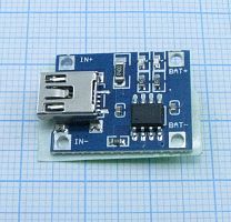 Модуль заряда Li-ion,Li-Pol аккумуляторов от зарядн.устр. с "miniUSB" на ИМС TP4056 ; ток заряда: 130-1000 mA (зависит от Rпрог) ; U заряда: 4,2V