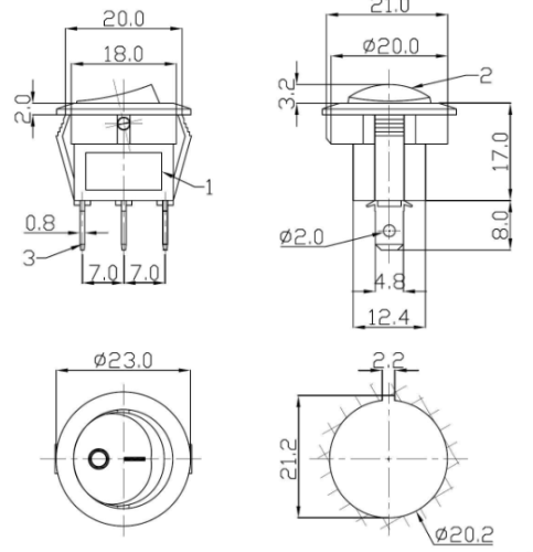 Клавишный переключатель круглый, 3pin, ON-OFF с фиксацией, AC 220/250V 6.0A, под клеммы 4.8мм, подсв.:синий, 17x12мм, d:20мм Фланец: 23мм, IP55, корпу