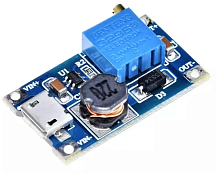 Повышающий DC-DC 2..24V >> 5v/9v/12v-28V max 2A (регулируемый) с разъемом microUSB, на MT3608; КПД: до 96%; регулировка подстроечным резистором; Раб. 