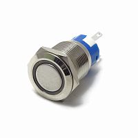 Антивандальная кнопка круглая, 5pin, OFF-ON, 12V 5.0A, под гайку М19, под пайку, подсв.:синий (U:12V), d:19мм Фланец: 22мм (SC-984)