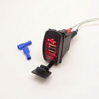 АДАПТЕР USB х 2 (2A max) для зарядки в Авто; монтаж в панель, прямоугольный, врезной, ВШГ- 35х 20 х30 мм, с защёлками, подсветка красная Uпит:12-24v D
