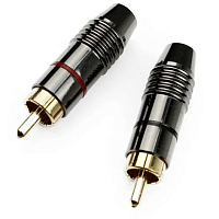 RCA ШТЕКЕР НА КАБЕЛЬ МЕТАЛЛ GOLD под пайку (Красная/Белая/Черная полоса); L=40мм (Nakamichi 51мм)