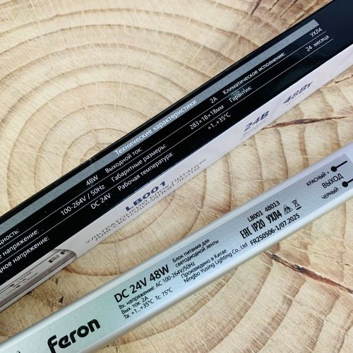 Блок питания для св/д техники, 24V, 2A, 48W, с проводами, мебельный (длинный), 283x18x18мм, IP22, вх: AC 220-250V, вх. разъем: два провода, металл FER фото 3