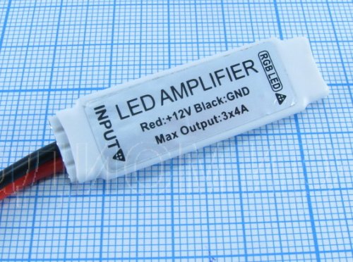 УСИЛИТЕЛЬ RGB мини Uпит=DC12V / I=4A x 3 канала (12A) / 144W / 42*12*3мм ( Усилитель к светодиодной ленте RGB 12v/3 канала*4A "Mini / Миниатюрный RGB 