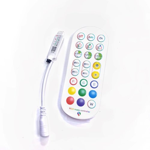 Контроллер RGB с ИК-пультом (музыкальный+управление смартфоном) 5A, DC5-12V, 25-60W, 4pin, ( Пульт-24кн.)  пит: бат. 3V CR2025/2032  (в компл)
