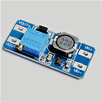 Повышающий DC-DC 2...24V >> 3,5...28V  max 2A (регулируется) на MT3608; КПД: до 96%; регулировка подстроечным резистором; Раб. температура: -45 - + 85