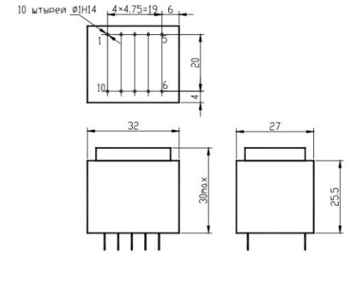 Трансформатор 220V 9V х 2 / 2 х 140ma 4pin (6pin) 27х32х30мм (ТПК-2/ТПГ-2) (Залитый) фото 2