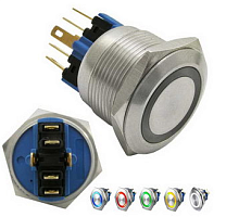 Антивандальная кнопка, 6pin, ON-(OFF)+OFF-(ON) без фиксации, 12V, под гайку М22, подсв.:синий (GQ22-11E/B)
