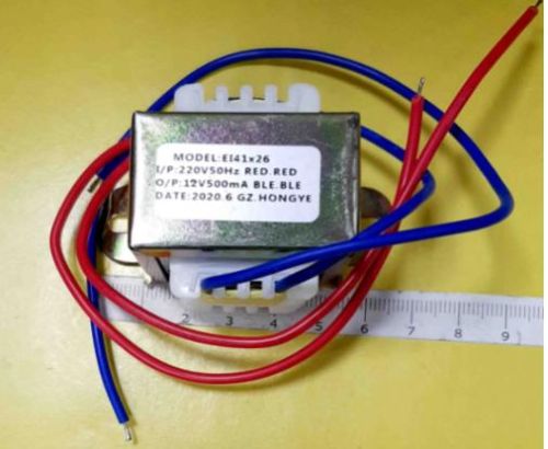 Трансформатор 220V 12V  / 300mA (0.33A) (EI41*26) 4W (43х45х35) китай ( крепление 52мм) 4pin , Красн-220V , Син.-12V     фото 2