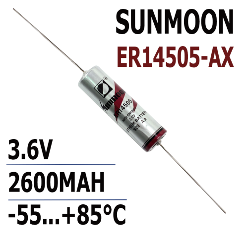 БАТАРЕЙКА ЛИТИЕВАЯ  14505 3.6V 2600мАч с аксиальными выводами ER14505-AX (AA/R06)  Li-SOCl2 (литий-тионилхлоридные) SUNMOON  рабоч.t: -55+85°C