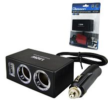 Раздвоитель гнезда прикуривателя с проводом (0,5м)  In-CAR  OLESSON 1522  Вх: DC12V-24V;  Вых: 120W  1 гнездо (output) 12V USB 5V 1000mA; LED-подсветк
