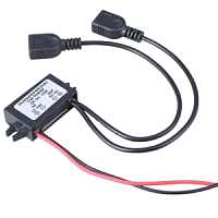 Преобразователь напряжения DC-DC 12V >> 5V до 3A (15W) Вход: 2 провода(черн/красн);  Выход:2 гнезда USB-AF  длина 21см; габариты: 45х26х15мм; без свет