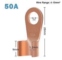 КЛЕММА КОЛЬЦЕВАЯ ПОД М6 НЕИЗОЛ МЕДЬ 50A сечение провода 4.0-10.0мм2 внутр.d=6.2mm/внешн.D=9mm h=28.2mm OT-50A (Под обжим)