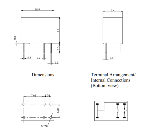 Реле э/м DC5V 1A 6pin, пайка (PCB), Контакты: 1 перекл.группа (1С) (24VDC/1A; 120VAC/1A) 12,4x7,4x10мм (TIANBO TR5V L-5VDC-S-Z) фото 2