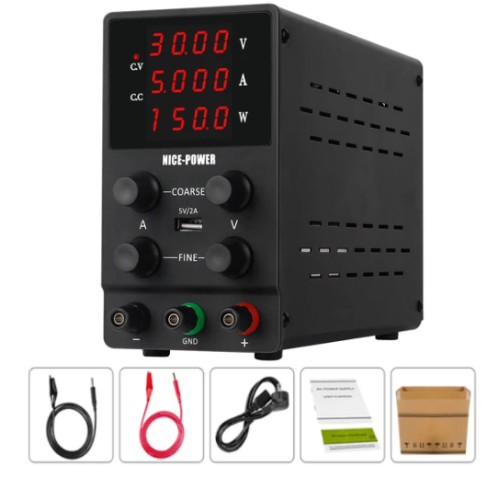 Блок питания лабораторный импульсный, 0-30V, 0-5A, 150W, 219x150x85мм, вх: AC 220-250V, с кабелем, металл, вентилятор. с охлаждением NICE-POWER SPS-30
