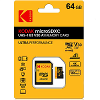 Flash card micro SDXC 64GB (class10)(+ адаптер SD) ( KODAK ) Тайвань SDXC UXS-I U3 V30 A1 