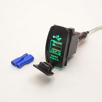 АДАПТЕР USB х 2 (2A max) для зарядки в Авто; монтаж в панель, прямоугольный, врезной, ВШГ- 35х 20 х30 мм, с защёлками, подсветка зелёная Uпит:12-24v D