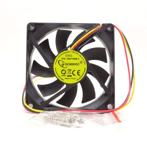 Вентилятор компьютерный DC12V, 80x80x15мм, 9 лопастей, 2600об/мин., подш. качения, разъем: фишка-2pin, 3pin, 0.22A 2.64W Gembird D8015BM-3, пластик