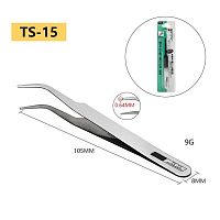ПИНЦЕТ 105 мм TS-15 Goot; Изогнутый; Остроконечный; Антимагнитный; d кончиков=0.7мм; Без насечек; В блистере; Нержавеющая сталь; Китай по яп.стандарту