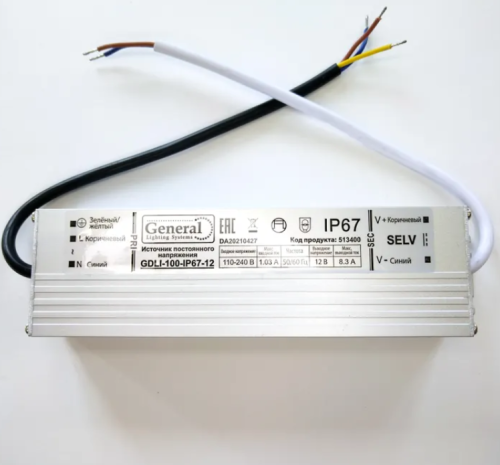 Блок питания для св/д техники, 12V, 8.3A, 100W, с проводами, Strait (узкий), 200x52x34мм, IP67, вх: AC 220V, металл GENERAL GDLI-100-IP67-12 513400